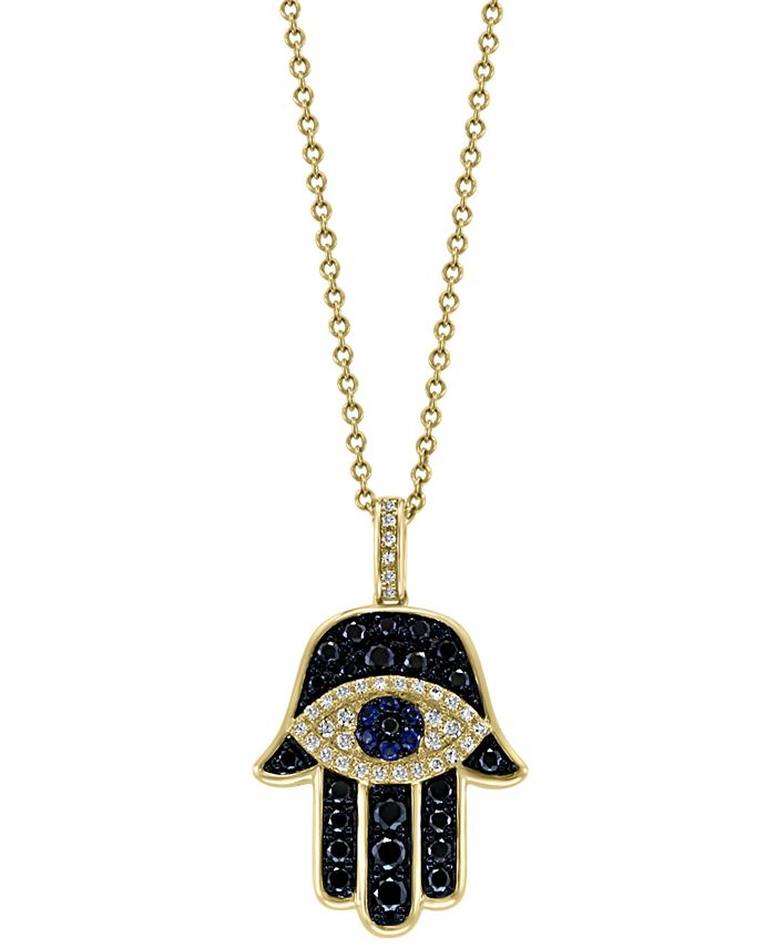 EFFY Collection - Diamond (1/2 ct. t.w.) & Sapphire (1/20 ct. t.w.) Hamsa Hand 18" Pendant Necklace in 14k Gold