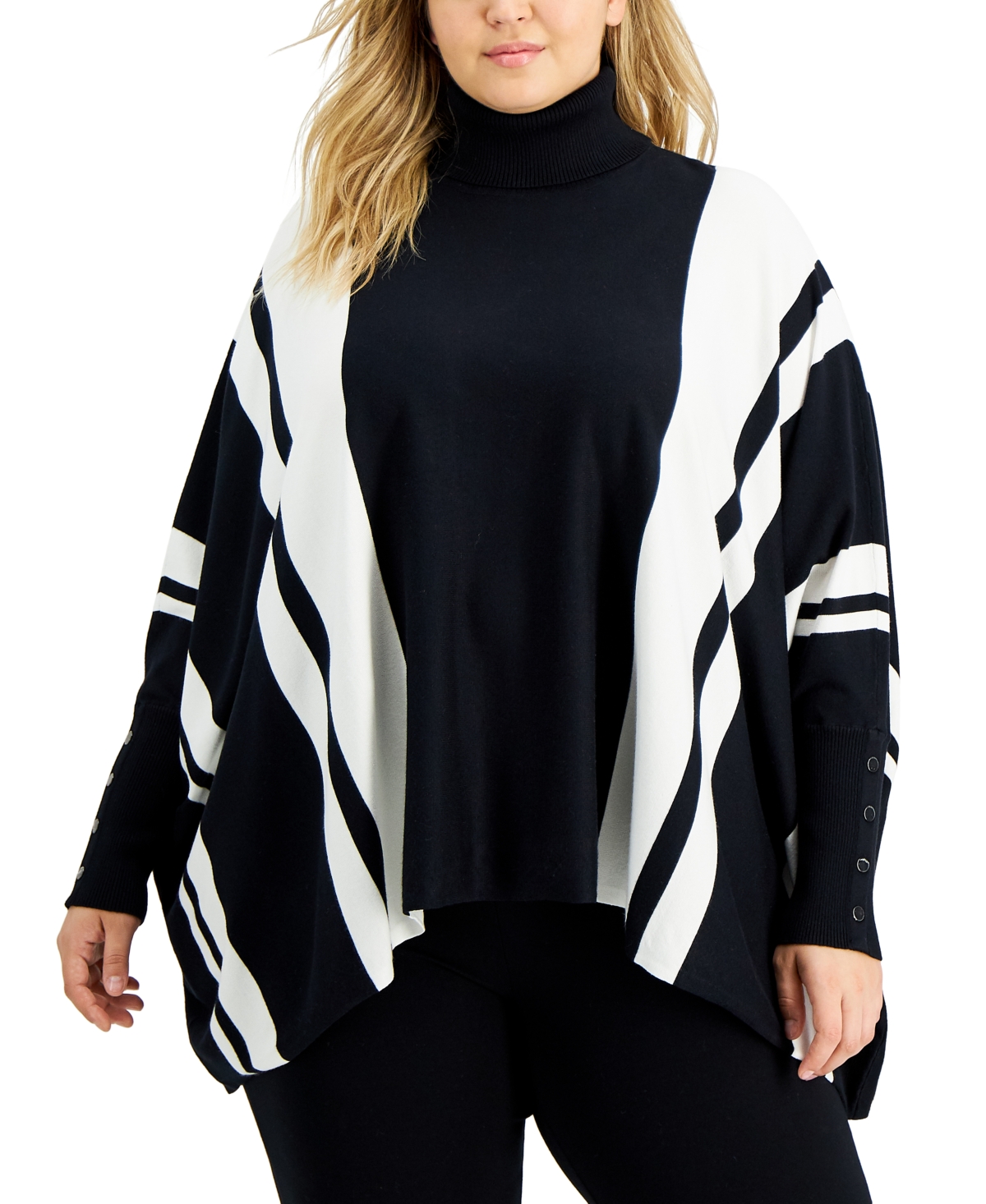Alfani Plus Size Striped Poncho Sweater, Created For Macy's In Black,cloud