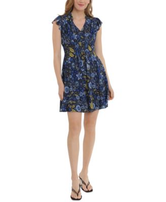 London Times Women's Flutter Sleeve Notch Collar Dress - Tiered Fit And Flare Dress For Spring & Events