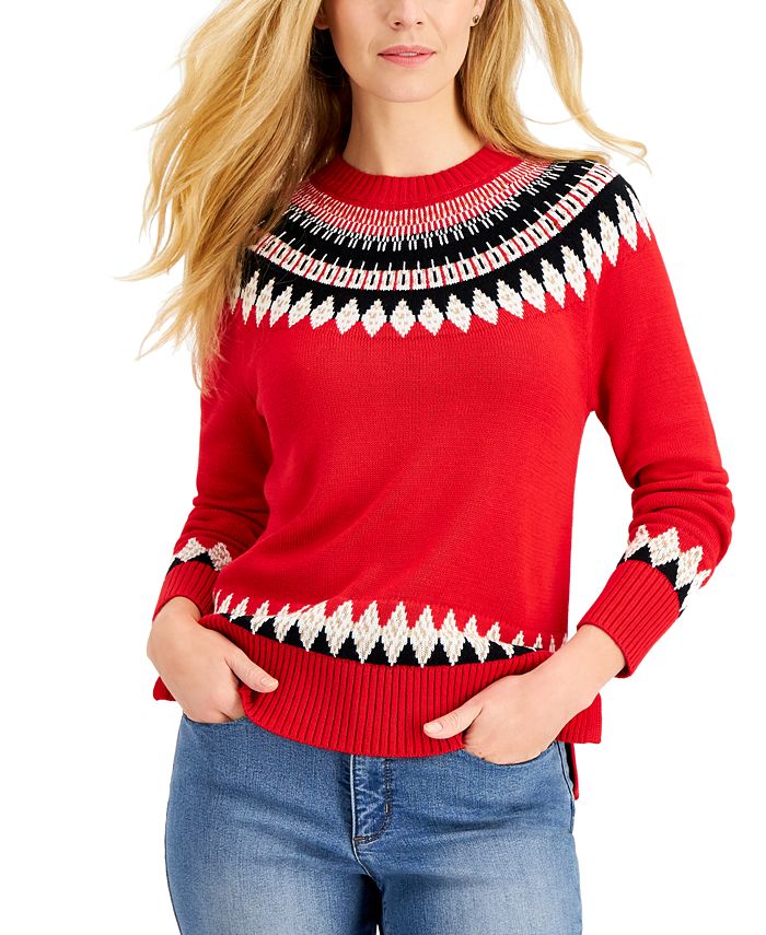 Charter Club Petite Patterned Crewneck Sweater, Created for Macy's Macy's