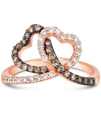 Chocolate Diamond (1/4 ct. t.w.) & Nude Diamond (1/4 ct. t.w.) Interlocking Heart Ring in 14k Rose, Yellow or White Gold 