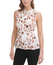 Printed Pleated Tie-Neck Top