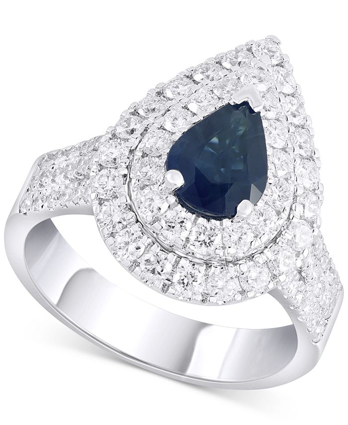 Macy's - Sapphire (1-3/8 ct. t.w.) & Diamond (1-1/4 ct. t.w.) Pear Double Halo Ring in 14k White Gold