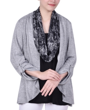 Women's 3/4 Roll Sleeve 3Fer with Detachable Scarf