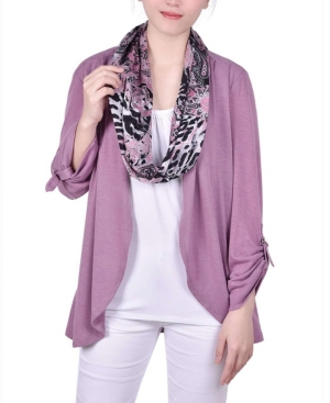 Women's 3/4 Roll Sleeve 3Fer with Detachable Scarf