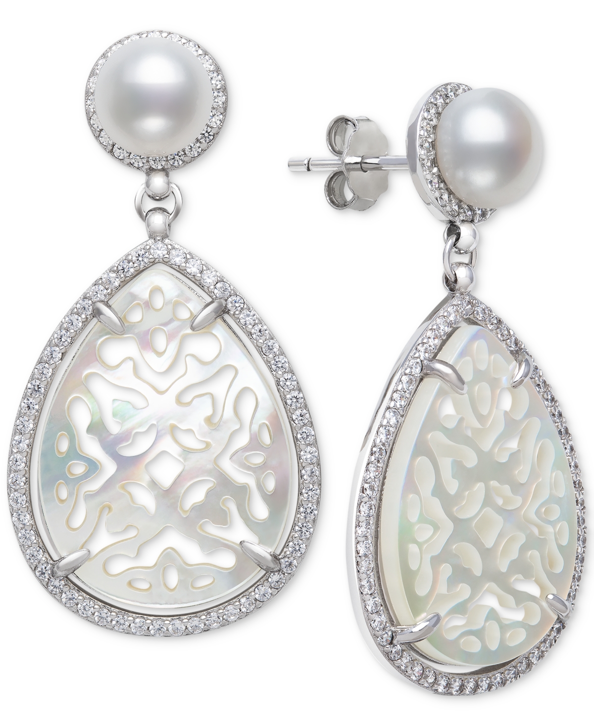Belle de Mer Cultured Freshwater Pearl (6mm) & Mother-of-Pearl Drop Earrings in Sterling Silver