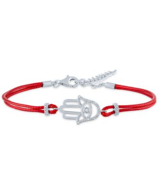 Diamond Accent Hamsa Hand Red Cord Bracelet in Sterling Silver
