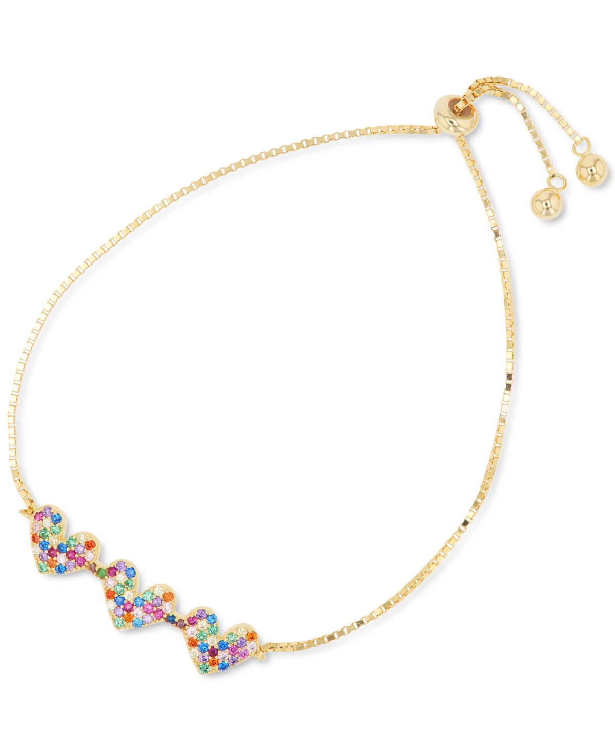 Rainbow Cubic Zirconia Pave Triple Heart Bolo Bracelet in Sterling Silver (Also in 14k Gold Over Silver)