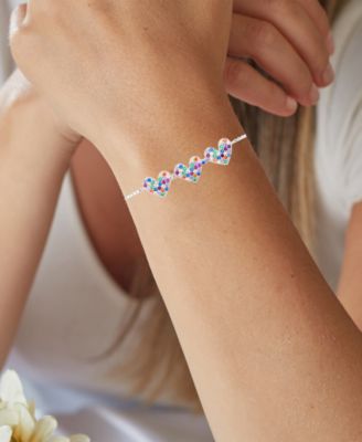 Rainbow Cubic Zirconia Pav&eacute; Triple Heart Bolo Bracelet in Sterling Silver (Also in 14k Gold Over Silver)