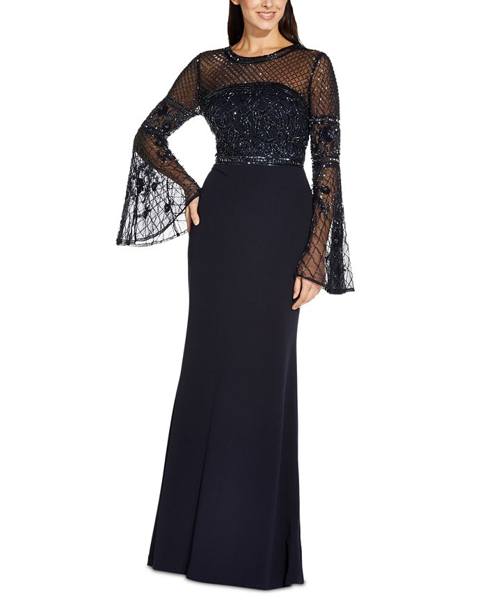 Adrianna Papell Beaded Flared-Sleeve Gown - Macy's