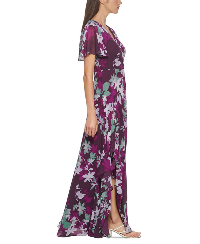 Calvin Klein Chiffon Flutter-Sleeve Gown - Macy's