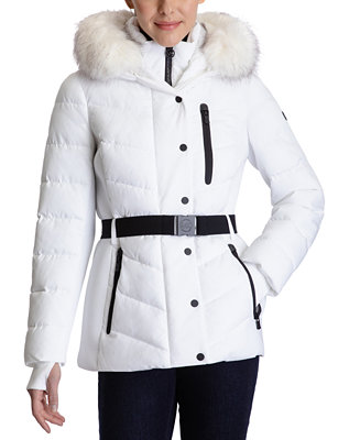 Faux Fur Trim Hooded Puffer Coat, Michael Kors Women S Belted Faux Fur Trim Hooded Puffer Coat