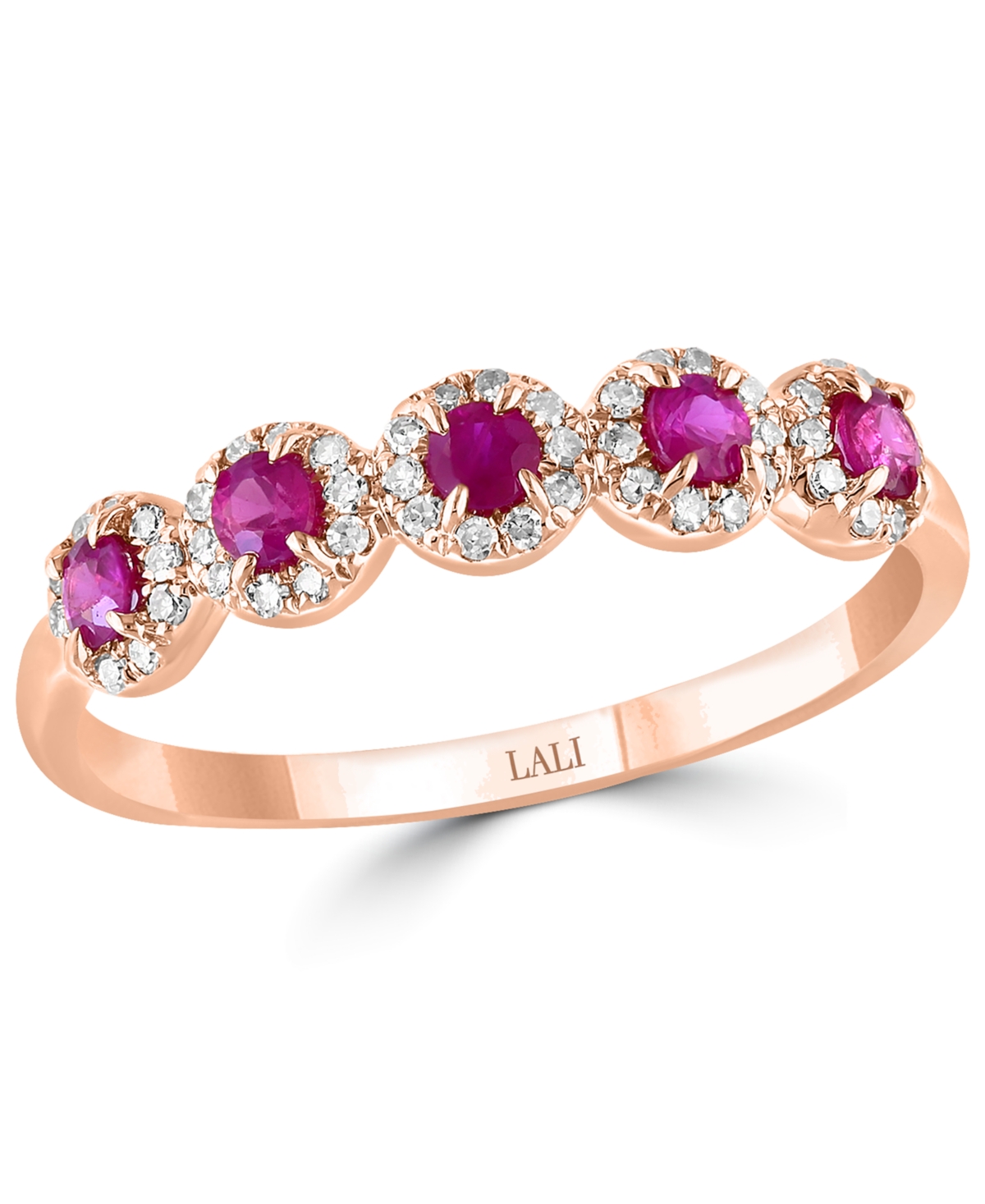 Ruby (1/3 ct. t.w.) & Diamond (1/6 ct. t.w.) Five Stone Halo Ring in 14k Rose Gold - Ruby
