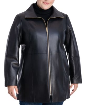 Anne Klein - Plus Size Zip-Front Leather Coat