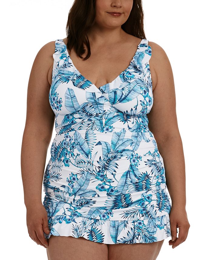 La Blanca Plus Size Tranquility Palm Ruffled Tankini Top And Tranquility Palm Skirted Swim Bottoms 6519