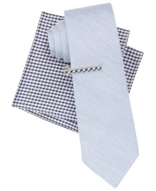 Men's Heather Solid and Gingham Tie, Bar and Pocket Square Set 