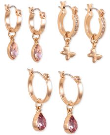 Gold-Tone 3-Pc. Set Stone & Butterfly Dangle Hoop Earrings