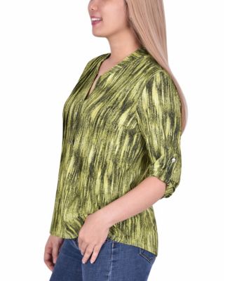 Petite 3/4 Roll Tab Sleeve Y-Neck Top