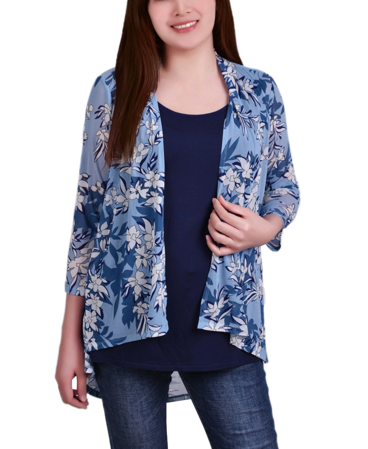 Ny Collection Petite Mesh Jacket And Tank Set In Blue Floral