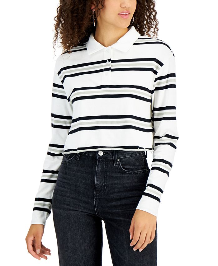 Almost Famous Juniors' Cotton Cropped Striped Polo Shirt - Macy's