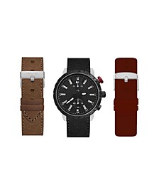 Men's Analog Black Strap Watch 45mm with Burgundy, Brown and Black Interchangeable Straps Set