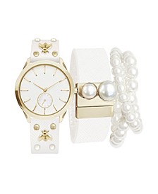 Women's Analog White Strap Watch 36mm with Pearl Beaded Bracelets Set