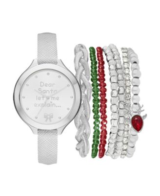 Photo 1 of Jessica Carlyle Women's Analog Dear Santa Strap Watch 34mm with Red, Green and Silver-Tone Bracelets Set