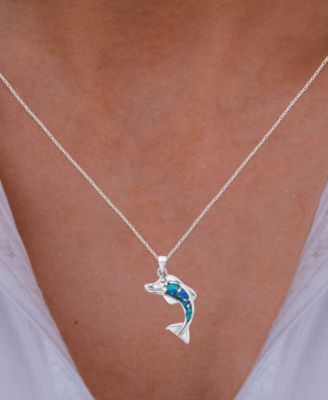 Lab-Created Blue Opal Dolphin 18" Pendant Necklace in Sterling Silver