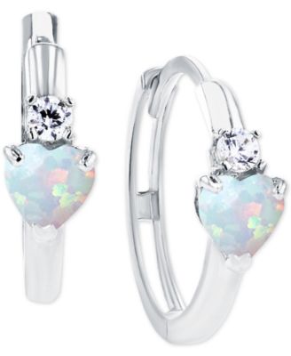 Lab-Grown Opal (1/5 ct. t.w.) & Lab-Grown White Sapphire (1/10 ct. t.w.) Heart Small Hoop Earrings, 0.5"