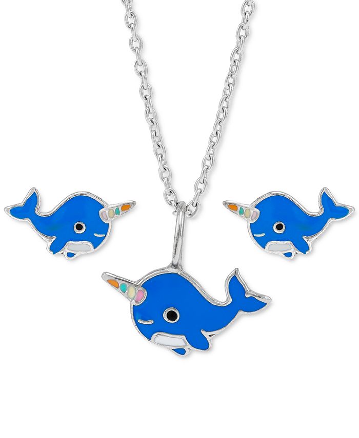 Macy's - Children's 3-Pc. Set Enamel Narwhal Pendant Necklace & Matching Stud Earrings in Sterling Silver