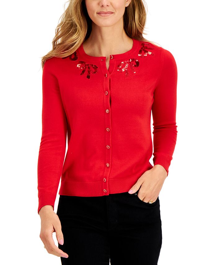 Charter Club Petite SequinBow Cardigan Sweater, Created for Macy's Macy's
