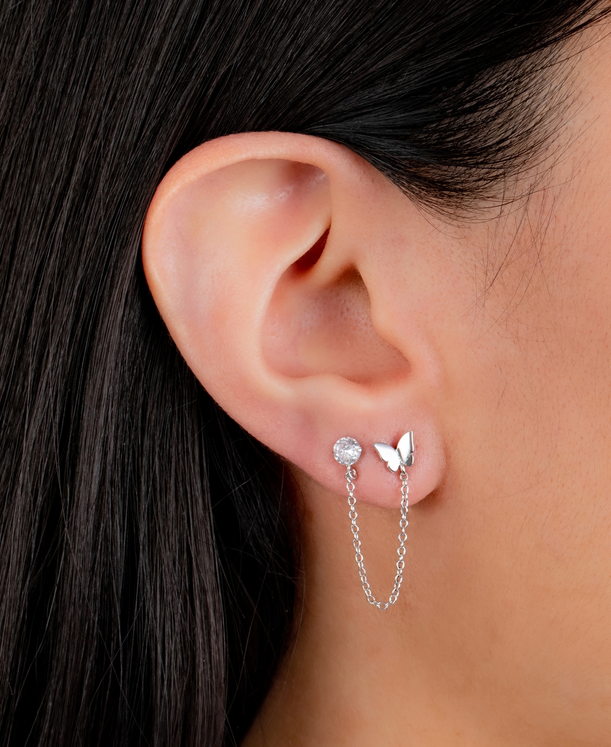 Giani Bernini Cubic Zirconia & Butterfly Double Piercing Chain Earrings in Gold-Plated Created for Macy's - Sterling Silver