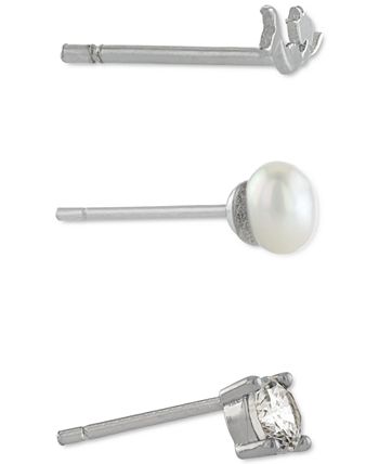 Giani Bernini - 3-Pc. Set Cubic Zirconia, Mermaid, & Imitation Pearl Stud Earrings in Sterling Silver
