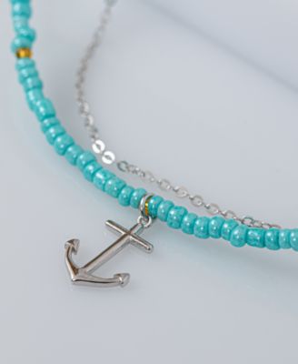 Anchor Charm Seed Beaded Double Chain Ankle Bracelet in Sterling Silver