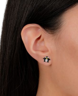 Black, White & Yellow Crystal Pav&eacute; Penguin Stud Earrings in Sterling Silver