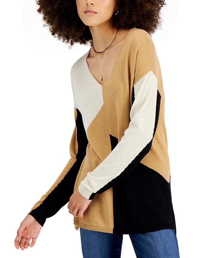 INC International Concepts Colorblocked V-Neck Step-Hem Sweater