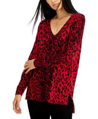 INC International Concepts Leopard Print V Neck Step Hem Sweater Created for Macy s Macy s