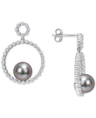 Macy's - Black Cultured Tahitian Pearl (8mm) & White Sapphire (1-1/10 ct. t.w.) Circle Drop Earrings in 10k White Gold