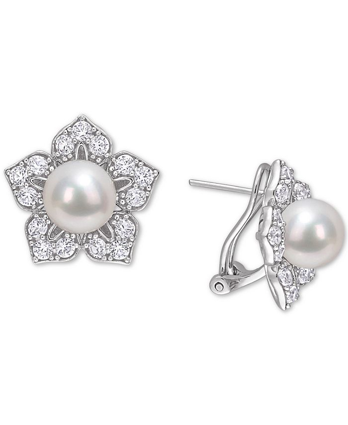 Macy's - Cultured Freshwater Pearl (8-1/2mm) & Lab-Created White Sapphire (2-3/4 ct. t.w.) Flower Stud Earrings in Sterling Silver