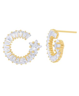 Cubic Zirconia Baguette Round Star Post Gold Plate Earrings