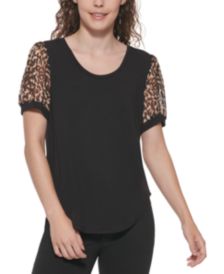 Printed-Sleeve Mixed-Media Top