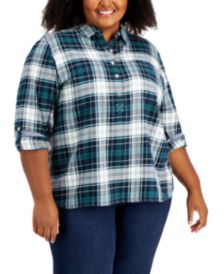 Plus Size Cotton Plaid-Print Popover Top