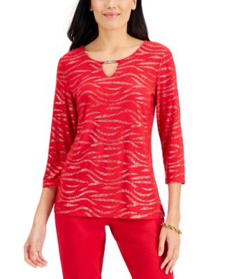 JM Collection - Glitter Zebra-Print Embellished-Keyhole Jacquard Top