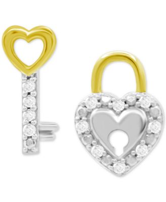 Macy's - Diamond Lock & Key Mismatch Stud Earrings (1/10 ct. t.w.) in Sterling Silver & 14k Gold-Plate