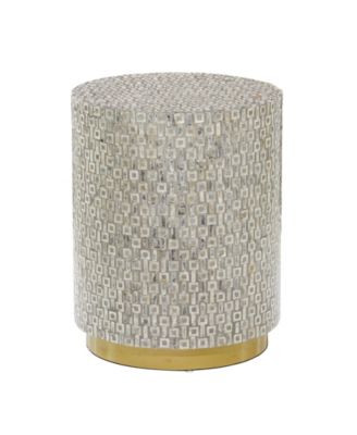 Mother of Pearl Drum Accent Table with Linear Mosaic Pattern and Gold Base