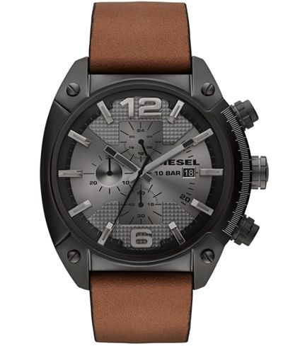 Diesel Unisex Chronograph Overflow Tan Leather Strap Watch 54x49mm DZ4317
