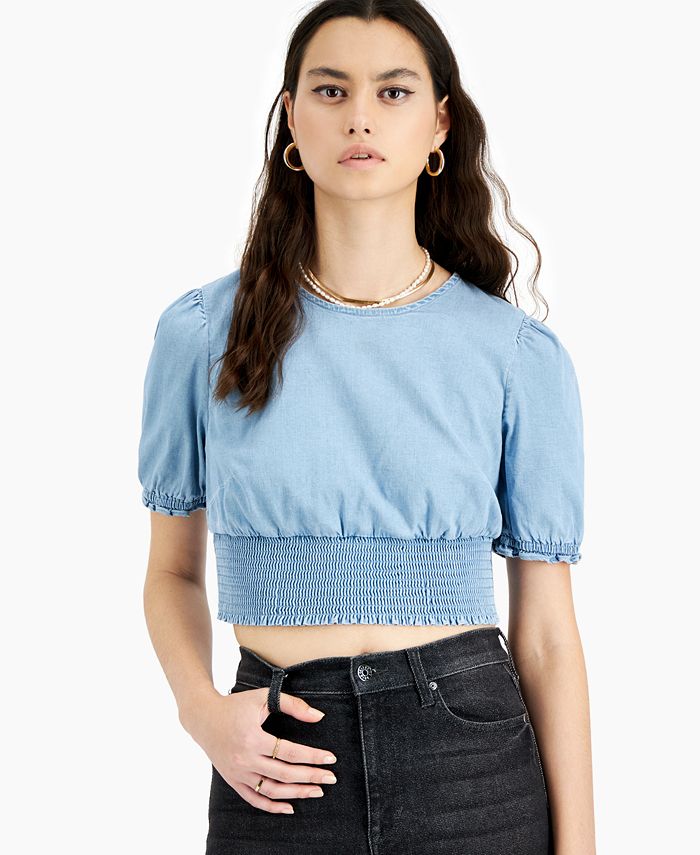 Bar III Chambray PuffSleeve Top, Created for Macy's & Reviews Tops