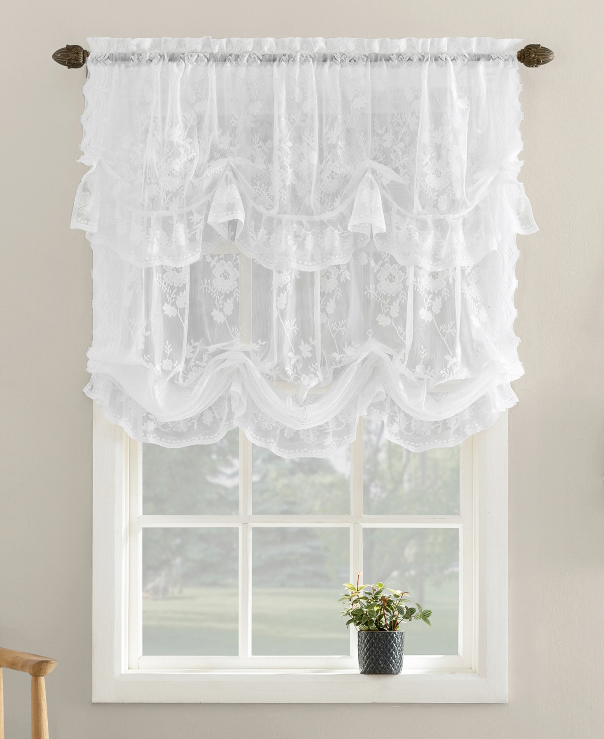 No. 918 Alison Floral Lace Sheer Rod Pocket Window Tie-up Shade, 63" X 59" In White