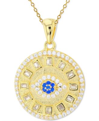 Macy's - Cubic Zirconia & Lab-Grown Blue Spinel (1/20 ct. t.w.) Evil Eye Disc 18" Pendant Necklace in 14k Gold-Plated Sterling Silver