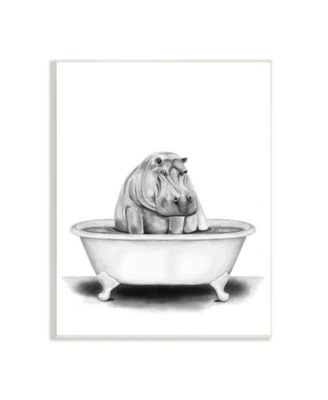Hippo in a Tub Funny Animal Bathroom Drawing Wall Plaque Art, 10" x 15"